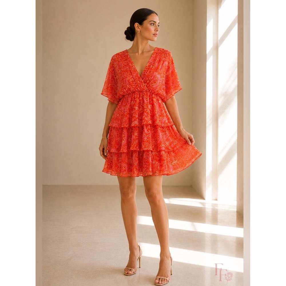 1. STATE Coral Orange Paisley Ruffle Dress Large Boho Tiered Mini Dress